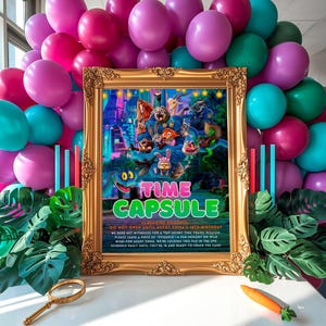 a framed poster with a colorful and whimsical illustration of cartoon characters, surrounded by a variety of balloons in different colors.