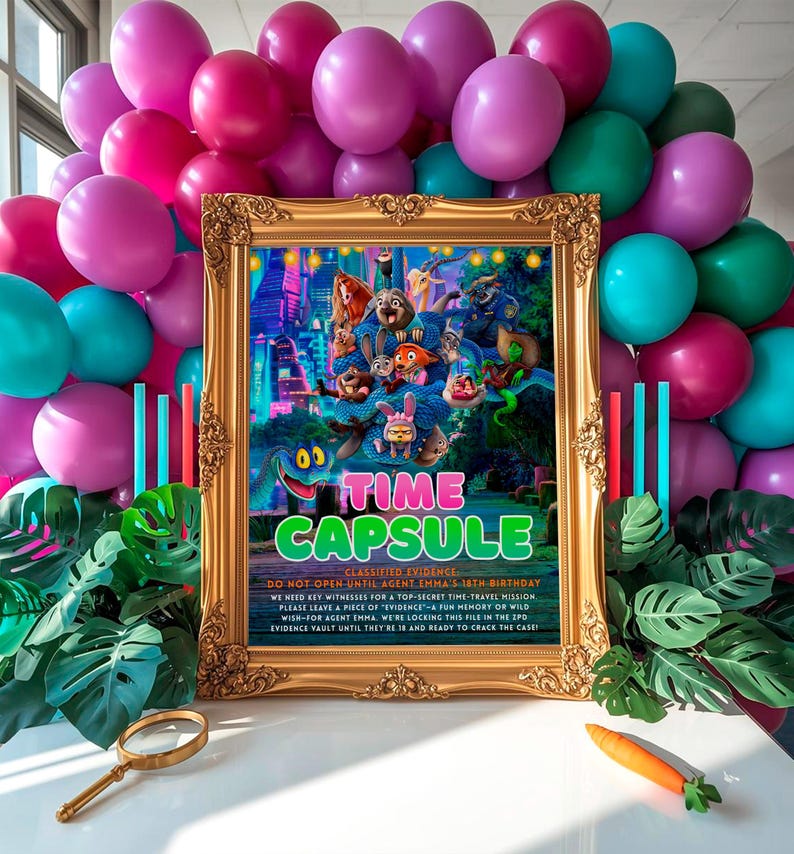 a framed poster with a colorful and whimsical illustration of cartoon characters, surrounded by a variety of balloons in different colors.