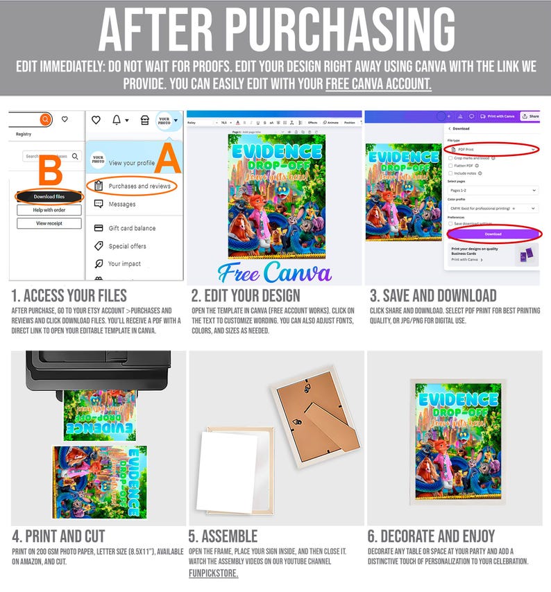 The image is a step-by-step guide on how to create a book cover using Canva, a free design software. It provides instructions on how to access and edit the design, print and cut the final layout, and assemble the book cover. The guide also includes a tutorial on decorating and printing the book cover.