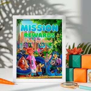 The image is a framed poster featuring various cartoon characters, including a dog, cat, and rabbit, along with a message encouraging people to "Take one home!" The poster is displayed on a table with a magnifying glass and some green and orange boxes.