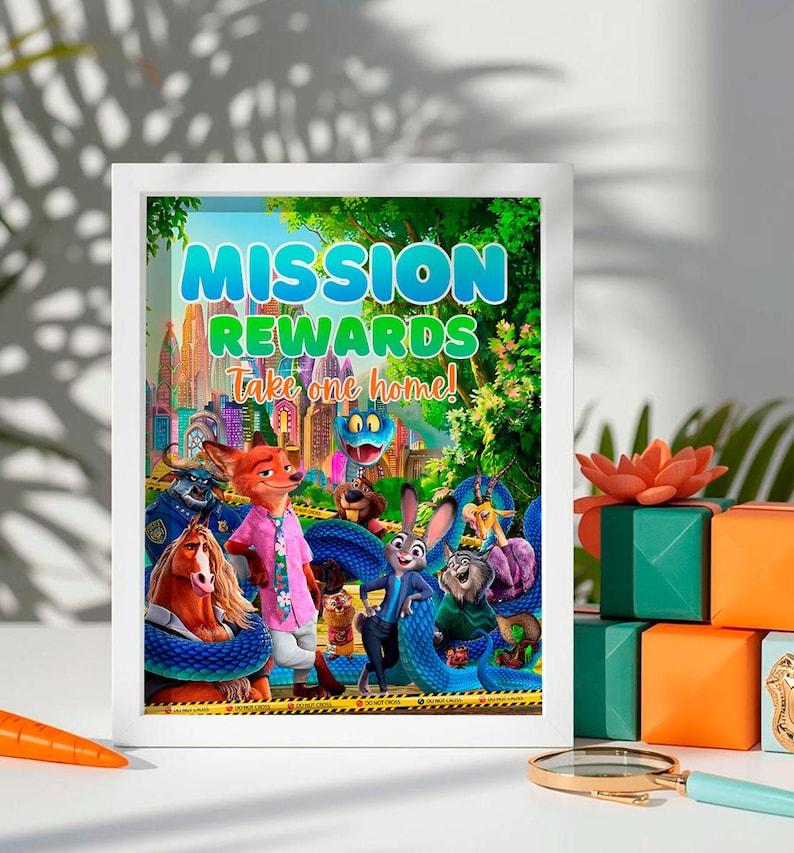 The image is a framed poster featuring various cartoon characters, including a dog, cat, and rabbit, along with a message encouraging people to "Take one home!" The poster is displayed on a table with a magnifying glass and some green and orange boxes.