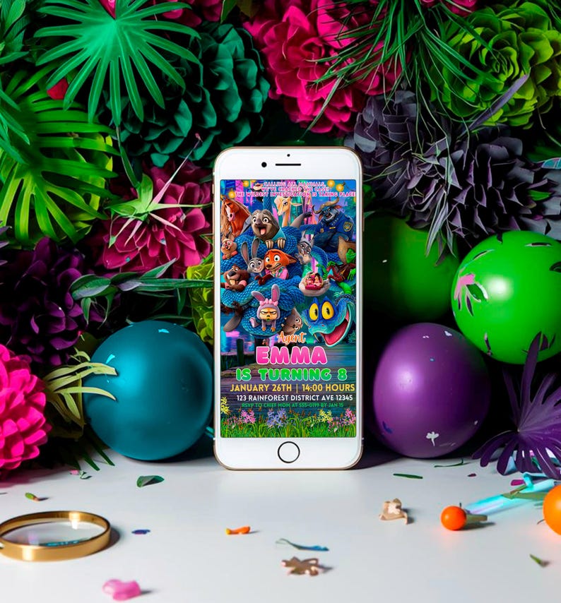 a smartphone displaying a colorful and vibrant birthday party invitation for a child named "Emma". The invitation includes details about the event, such as the date, time, and location, as well as the names of the guests and the theme of the party. The smartphone is surrounded by various party decorations, including balloons, flowers, and other colorful items, creating a festive atmosphere.