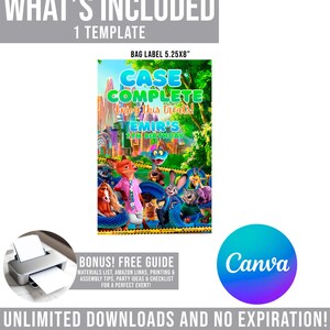 The image is a promotional poster for a book titled "Case Complete Enjoy This Treat! Emir's 7th Birthday" featuring colorful cartoon characters. The poster includes a bag label with dimensions 5.25x8 inches and a free guide for materials, Amazon links, printing, and assembly instructions. The text encourages unlimited downloads and no expiration, and provides options for printing the book using either canvas or a home printer.