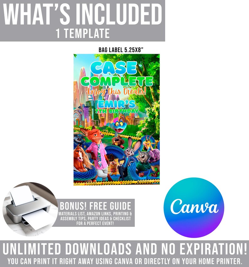 The image is a promotional poster for a book titled "Case Complete Enjoy This Treat! Emir's 7th Birthday" featuring colorful cartoon characters. The poster includes a bag label with dimensions 5.25x8 inches and a free guide for materials, Amazon links, printing, and assembly instructions. The text encourages unlimited downloads and no expiration, and provides options for printing the book using either canvas or a home printer.