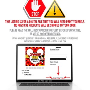 May include: A laptop displaying a digital file for a birthday party invitation. The design features Mickey Mouse, the text "James' First Birthday Party", and a red, yellow, and black color scheme. The image also includes a stop sign and an exclamation point.