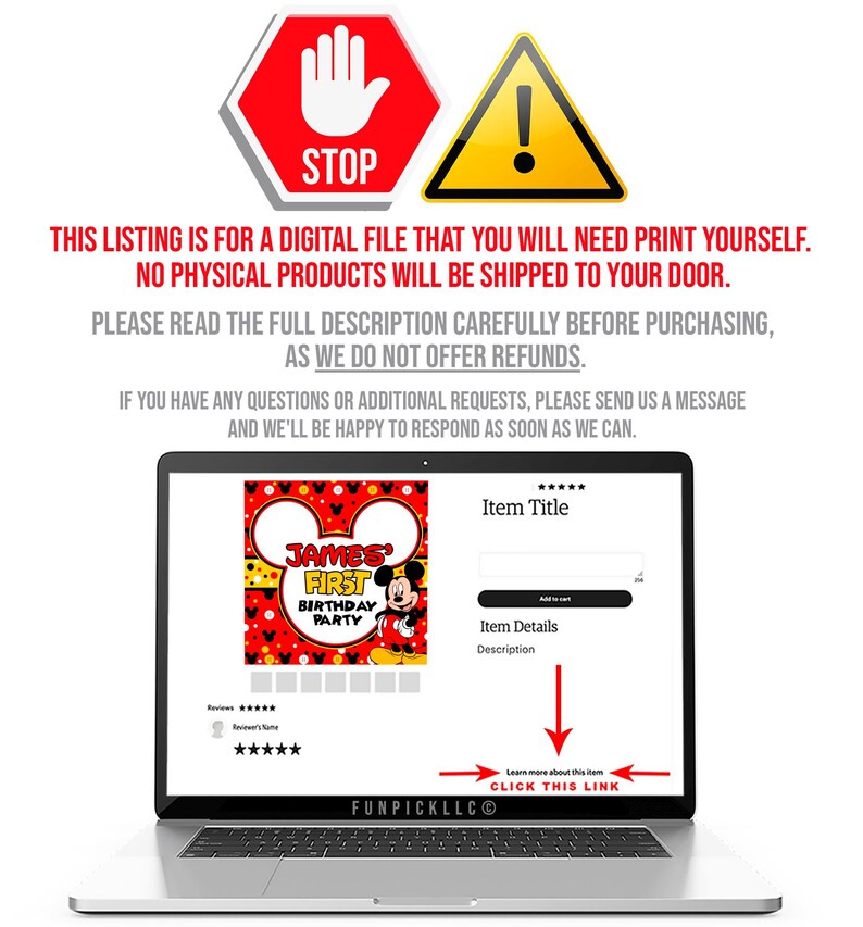 May include: A laptop displaying a digital file for a birthday party invitation. The design features Mickey Mouse, the text "James' First Birthday Party", and a red, yellow, and black color scheme. The image also includes a stop sign and an exclamation point.
