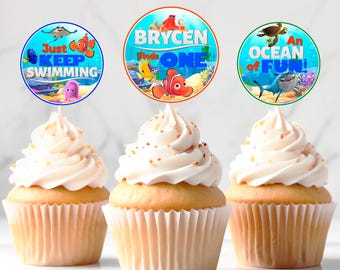 Finding Nemo Birthday Cupcake Toppers: Editable Ocean Round Sticker for DIY (Digital Download) – FIN01