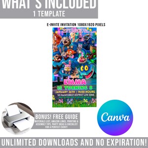 The image is a promotional poster for an event called "Emma is Turning 8". It features a colorful illustration of various cartoon characters, including elephants, rabbits, and other animals, along with text providing details about the event.