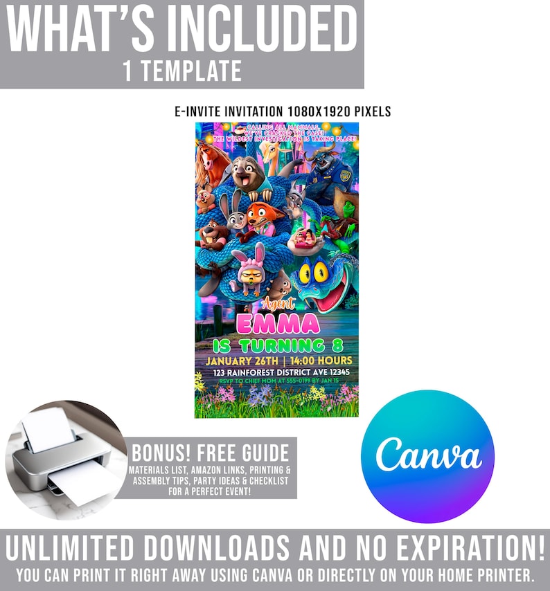 The image is a promotional poster for an event called "Emma is Turning 8". It features a colorful illustration of various cartoon characters, including elephants, rabbits, and other animals, along with text providing details about the event.
