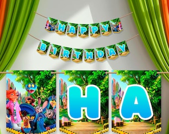 Zootopia-verjaardagsbanner: vlaggenslinger, Jungle City-feestdecor, (digitale download) – ZO02