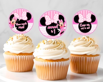 Minnie Mouse Birthday Cupcake Toppers: Pink and Black, Editable (2" Round, Digital) - MYM09