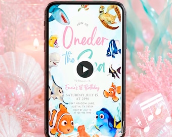 Invito video a tema Alla ricerca di Nemo per il primo compleanno, modello Canva modificabile, download digitale - FIN11