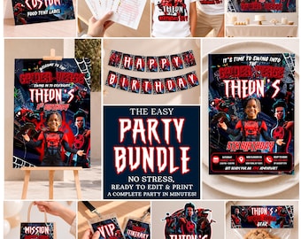 Spider-Verse Birthday Party Bundle, Miles Morales Spiderman Decorations, Editable Canva Templates - SPD10