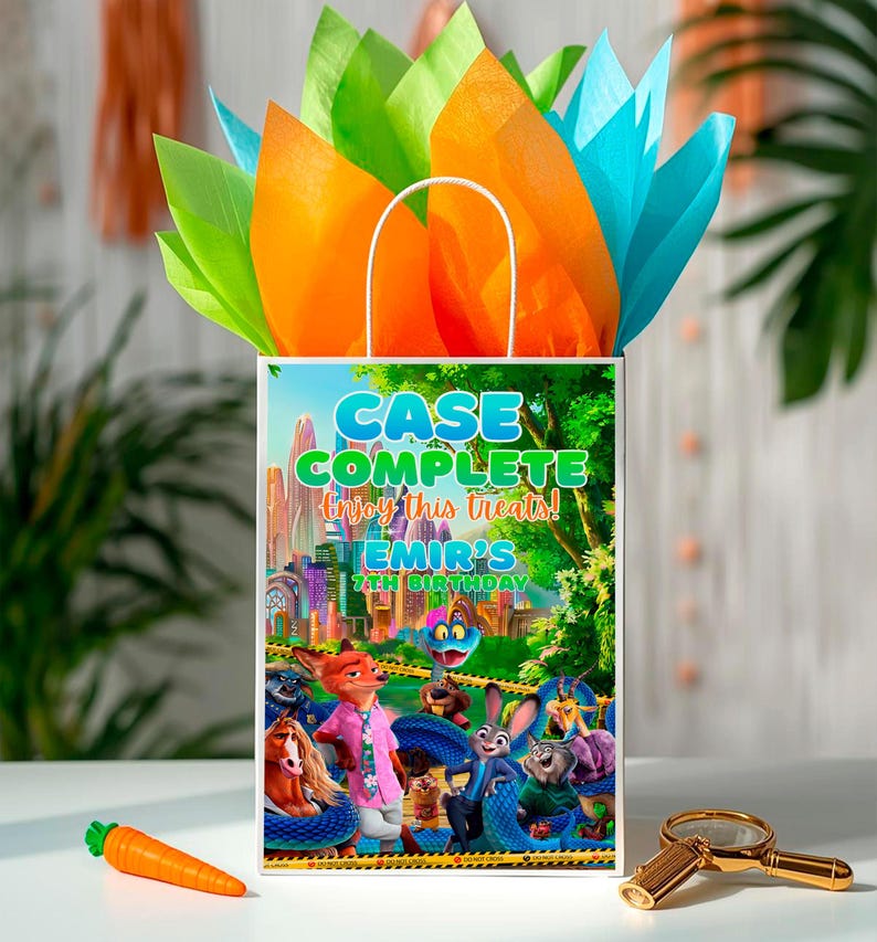 A colorful gift bag with a cartoon character illustration, placed on a table with a carrot and a magnifying glass.