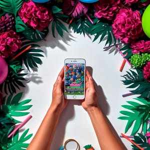 A person's hands holding a smartphone displaying a colorful image, surrounded by a vibrant arrangement of flowers, leaves, and other decorative elements.