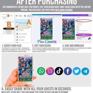 The image is a step-by-step guide on how to use Canva to create a design for an event, specifically for a birthday party. It provides instructions on how to register, edit, and print the design, as well as how to share the design with guests.