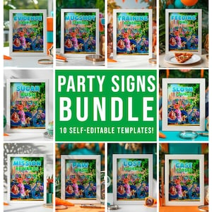 The image is a collage of various images, including a book cover, a framed picture, and a pizza slice, all featuring the title "Party Signs Bundle" and the word "SLOTH".