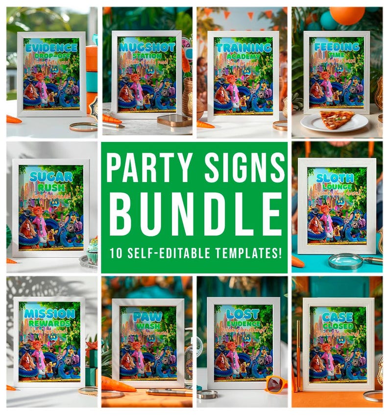 The image is a collage of various images, including a book cover, a framed picture, and a pizza slice, all featuring the title "Party Signs Bundle" and the word "SLOTH".