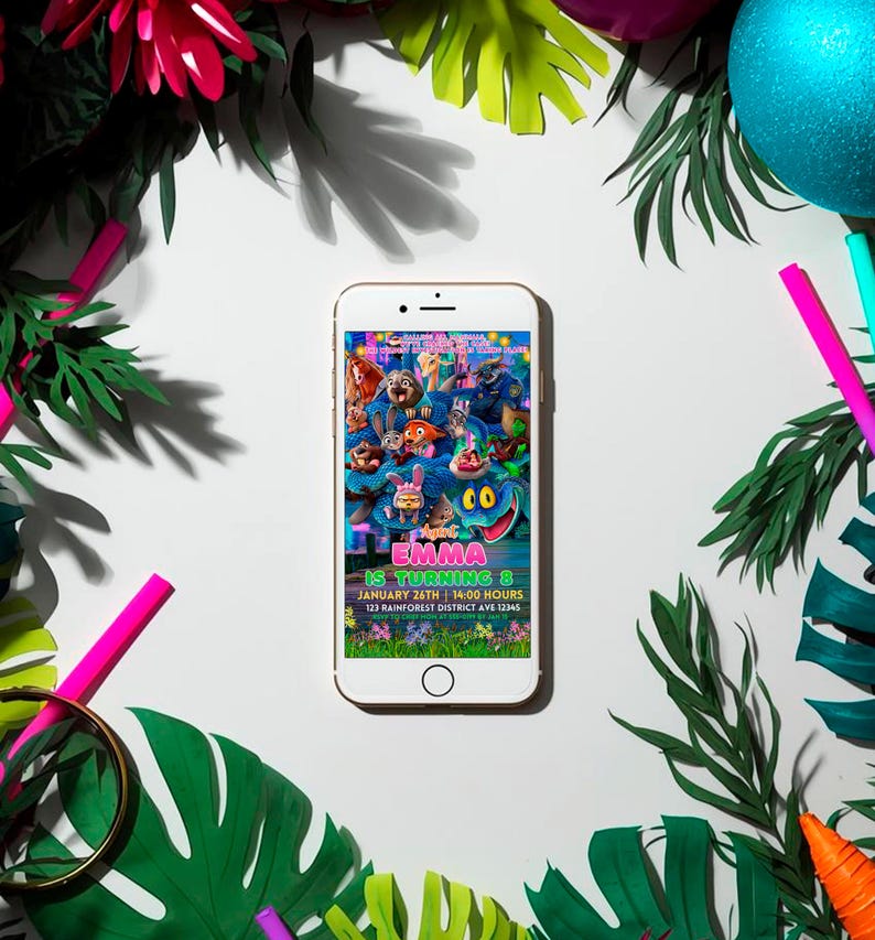 a smartphone displaying a colorful and vibrant movie poster for "Shara is Turning 3" surrounded by tropical leaves, flowers, and other decorative elements.