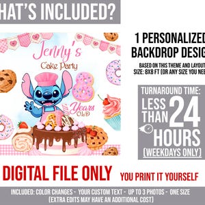 May include: A digital file for a personalized backdrop design. The design features a cartoon character, a cake, donuts, and cookies. Text includes "Jenny's Cake Party" and "8 Years Old". The turnaround time is less than 24 hours.