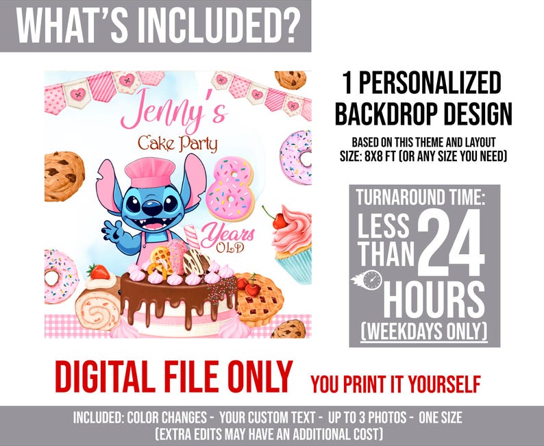 May include: A digital file for a personalized backdrop design. The design features a cartoon character, a cake, donuts, and cookies. Text includes "Jenny's Cake Party" and "8 Years Old". The turnaround time is less than 24 hours.