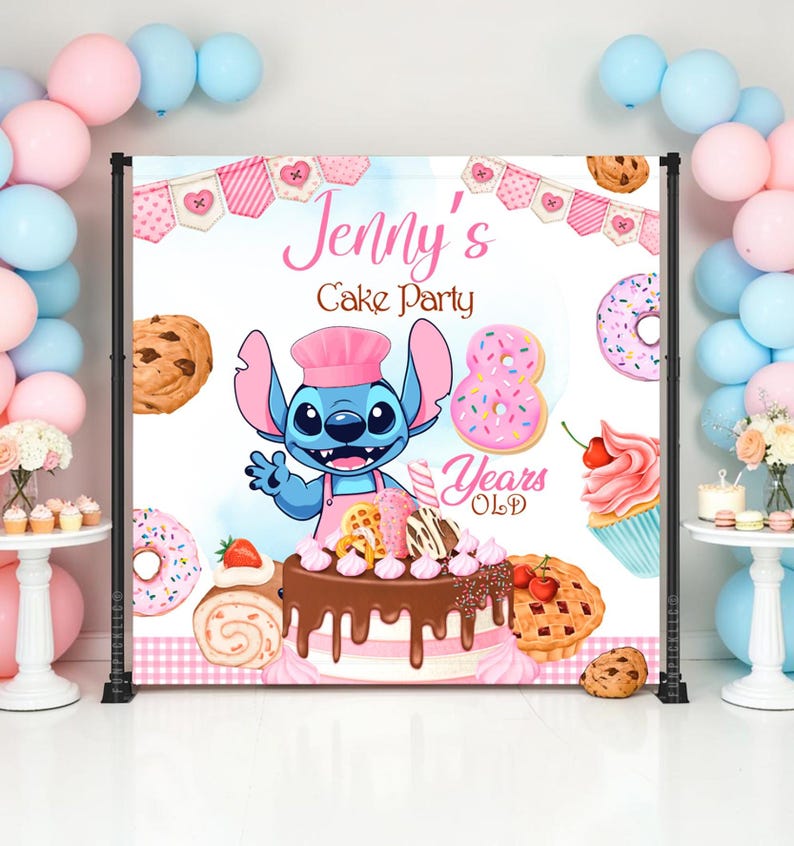 May include: A backdrop for a cake party featuring a cartoon character, Stitch, wearing a chef's hat and apron. The backdrop includes the text "Jenny's Cake Party" and "8 Years Old", along with images of cookies, donuts, and cupcakes. Pink and blue balloons frame the backdrop.