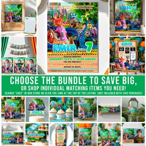 The image is a collage of various images related to a children's birthday party theme, featuring a character named "Emir" and a jungle setting.