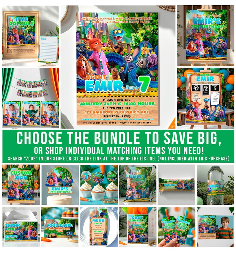 The image is a collage of various images related to a children's birthday party theme, featuring a character named "Emir" and a jungle setting.