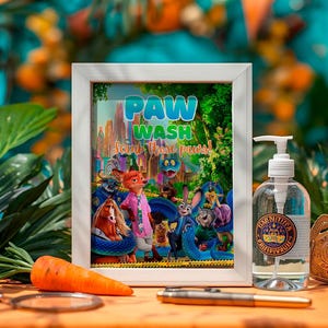 A framed poster featuring cartoon animals, including a dog, cat, and rabbit, along with the text "Paw Wash" and "Scrub those paws!" is displayed on a table.