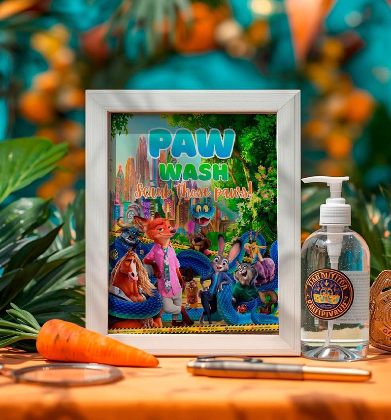 A framed poster featuring cartoon animals, including a dog, cat, and rabbit, along with the text "Paw Wash" and "Scrub those paws!" is displayed on a table.