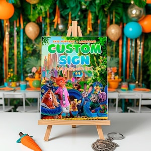 a book cover for "Custom Sign" with illustrations of cartoon characters, including a fox, rabbit, and other animals, set against a jungle-like background. The book cover is displayed on a wooden easel, with a keychain and a carrot placed nearby.