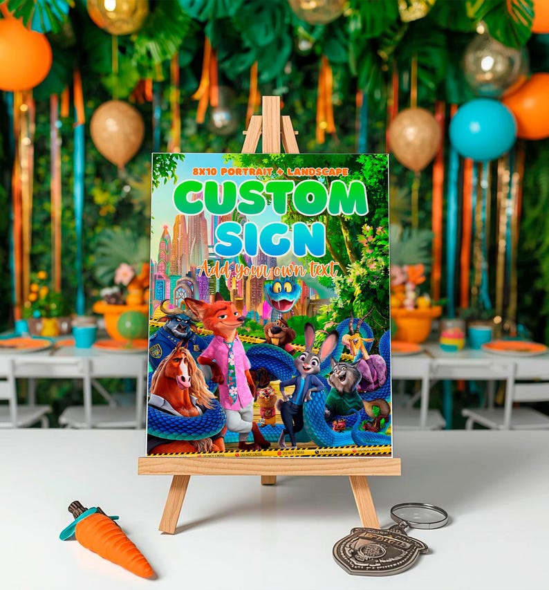 a book cover for "Custom Sign" with illustrations of cartoon characters, including a fox, rabbit, and other animals, set against a jungle-like background. The book cover is displayed on a wooden easel, with a keychain and a carrot placed nearby.