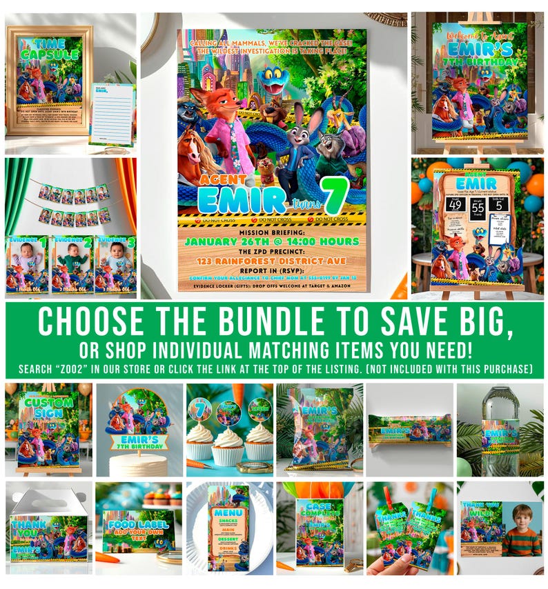 The image is a collage of various images related to a children's birthday party theme, featuring a character named "Emir" and a jungle setting.