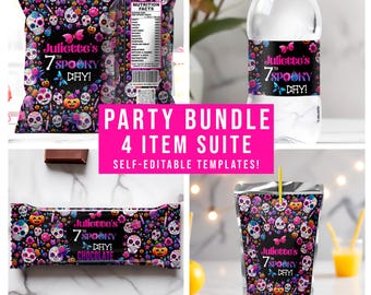 May include: A party bundle featuring a black background with colorful sugar skulls, flowers, and butterflies. The bundle includes a snack bag, water bottle, chocolate bar, and juice pouch, all with the text "Juliette's 7th Spooky Day!"