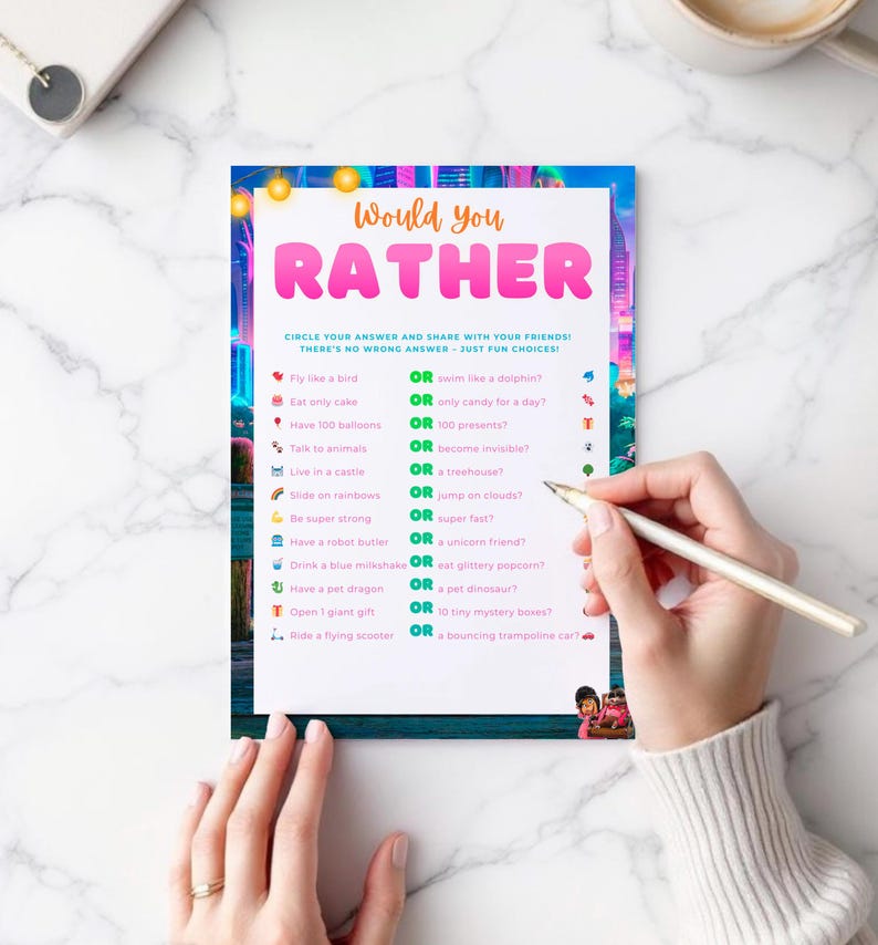 A person's hands are holding a colorful paper with a list of "Would You Rather" questions, and they are writing on it with a pen.