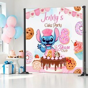 May include: A birthday party backdrop featuring a cartoon character chef with a cake, donuts, and cookies. The backdrop has the text "Jenny's Cake Party" and "8 Years Old" with pink and blue balloons and gifts in the background.