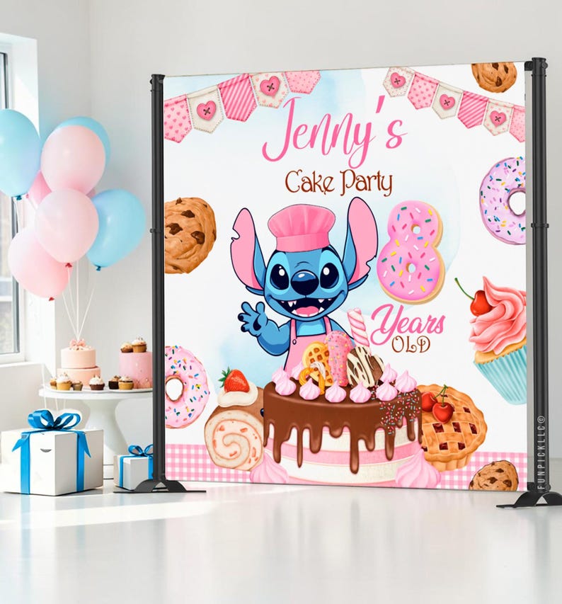May include: A birthday party backdrop featuring a cartoon character chef with a cake, donuts, and cookies. The backdrop has the text "Jenny's Cake Party" and "8 Years Old" with pink and blue balloons and gifts in the background.
