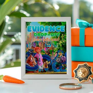 a framed poster with cartoon animal characters, including a police officer, placed on a table with a carrot and a badge.