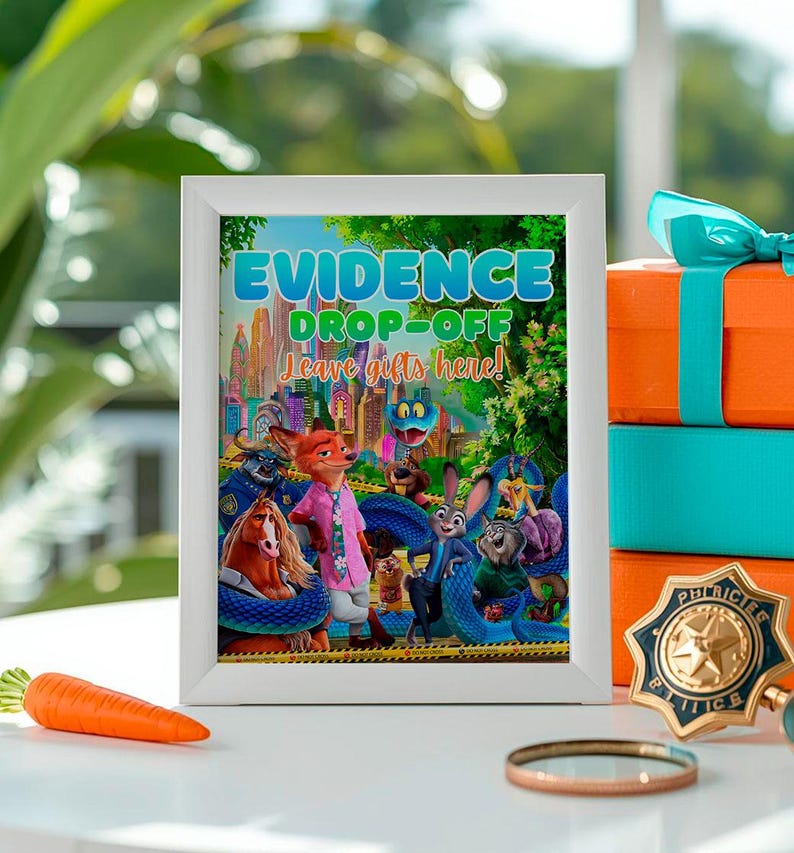 a framed poster with cartoon animal characters, including a police officer, placed on a table with a carrot and a badge.