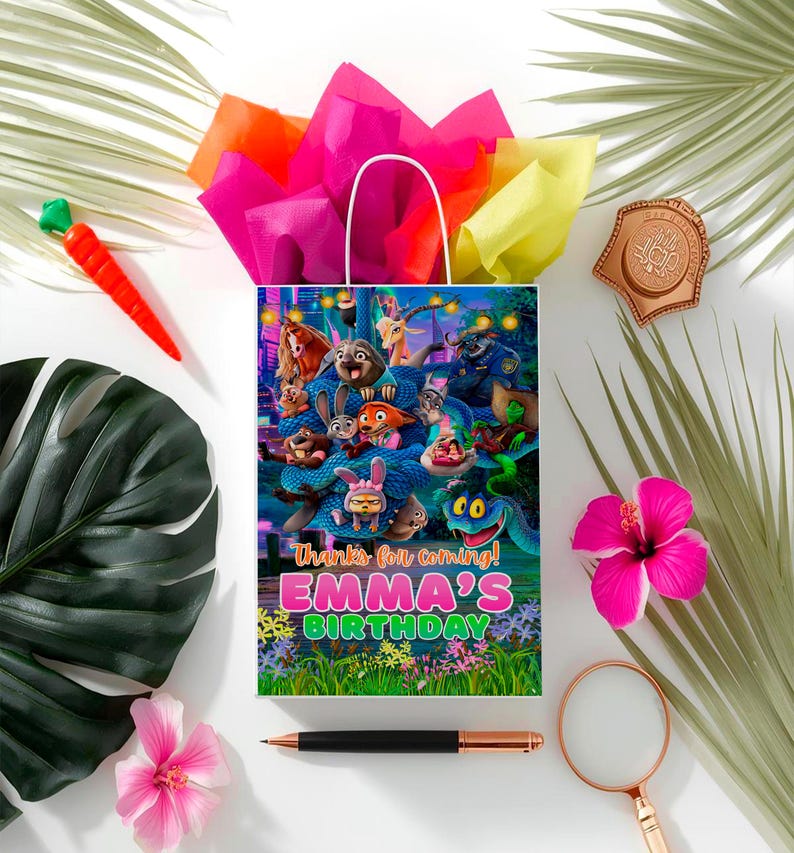 A birthday bag with a cartoon character design, surrounded by various party supplies and decorations, including a carrot, a magnifying glass, and a hibiscus flower.