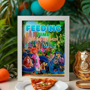 a framed poster of cartoon characters, including a police officer, surrounded by a colorful and lively scene. There is a slice of pizza on a plate in front of the poster, and a police badge is visible in the background.