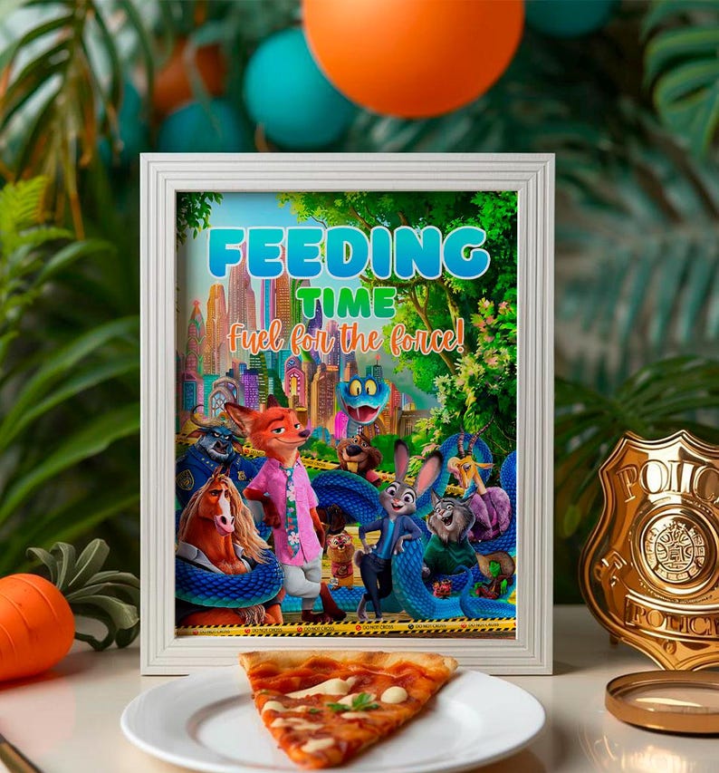 a framed poster of cartoon characters, including a police officer, surrounded by a colorful and lively scene. There is a slice of pizza on a plate in front of the poster, and a police badge is visible in the background.