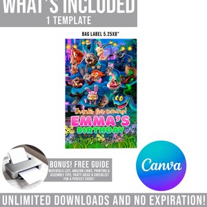 The image is a birthday party invitation featuring cartoon characters and a colorful background.