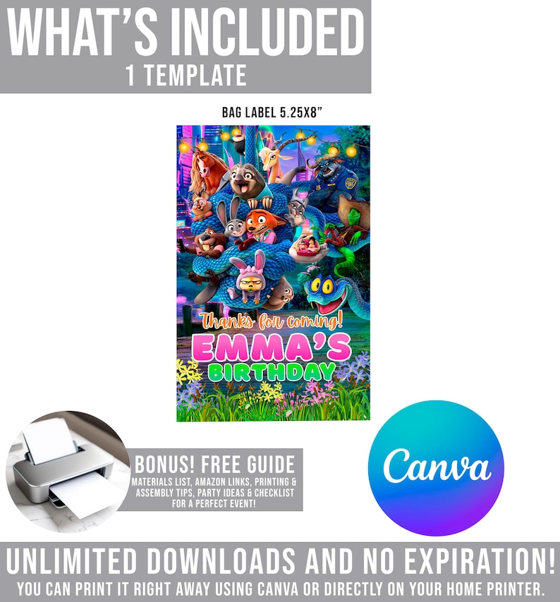 The image is a birthday party invitation featuring cartoon characters and a colorful background.