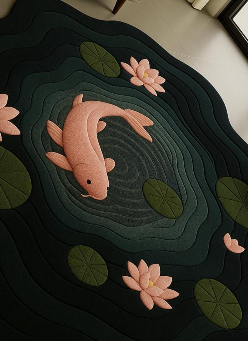 Aquatic Rug Handmade Koi Pond Rug, Lotus Flower Wool Area Rug, Japanese Zen ...