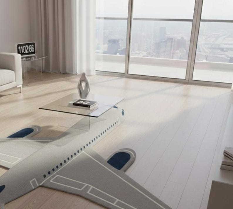 May include: A unique coffee table with a glass top, resting on a gray airplane-shaped rug. The rug features blue accents on the wings. A modern living room with a city view is in the background.