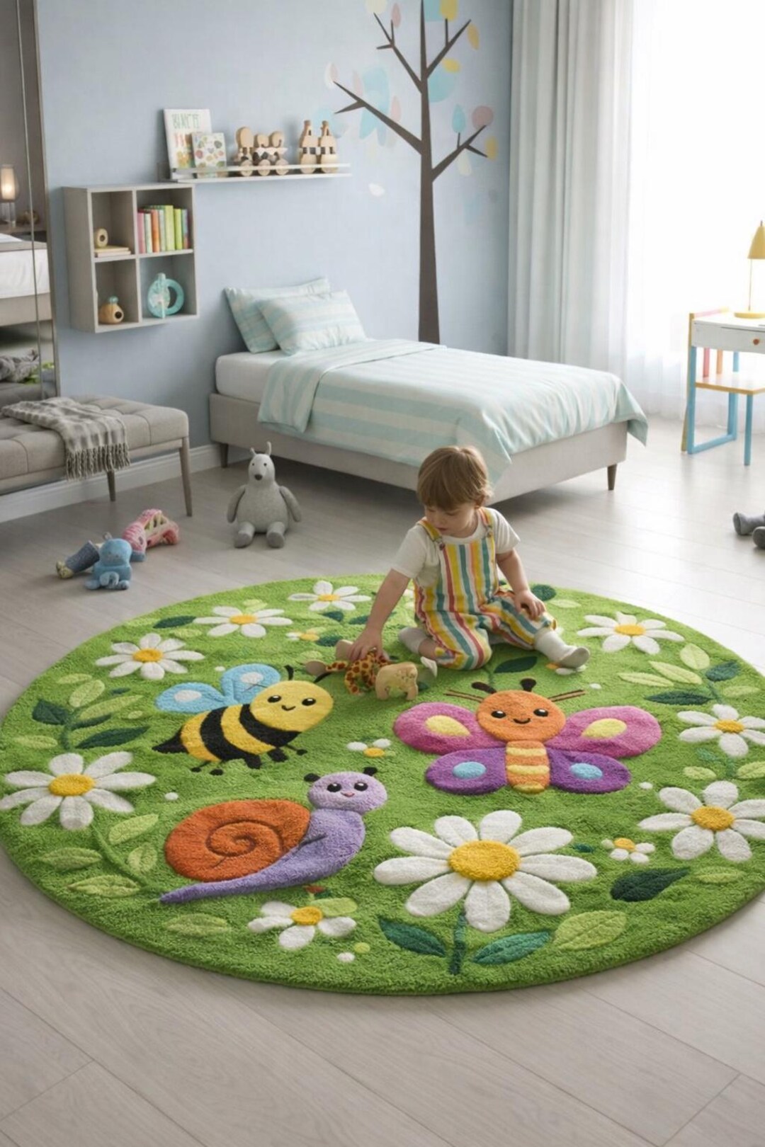 Kids Round Play Rug 4 Ft, Cute Animal Nursery Rug, Green Floral Kids ...
