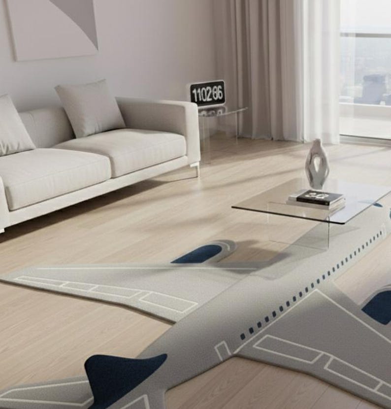 May include: A gray airplane-shaped rug with white detailing and navy blue accents. The rug is placed on a light wood floor in a modern living room setting. A glass coffee table and a white sofa are also visible.