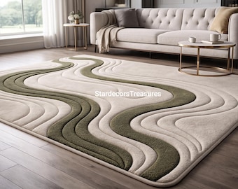 Hand-Tufted Artistic Wave Wool Rug | 3D Wavy Pattern Soft Carpet For Contemporary Living Room Rug Size 5x8 Feet