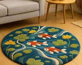 Round Koi Fish Rug 4 Ft, Handmade Tufted Pond Area Rug, Japanese Style Carp Rug, Blue Green Nature Rug, Custom Size Available